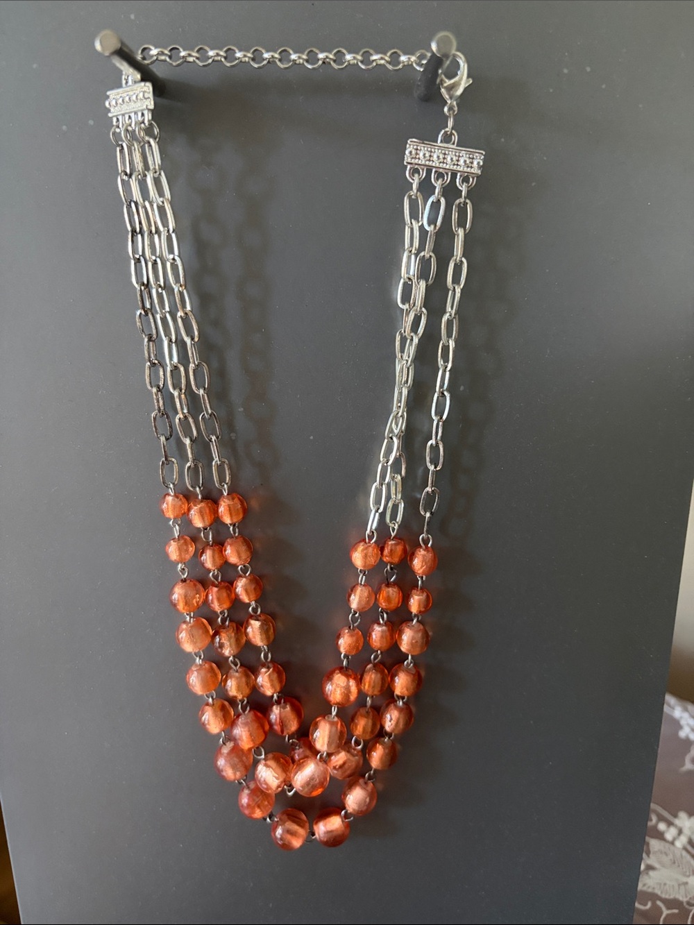 Multi-Strand Silver Chain Necklace with Amber Glass Beads